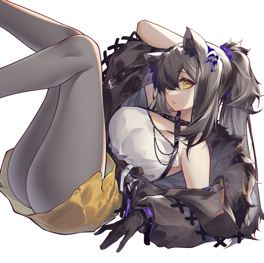 1girl absurdres animal_ears arknights ass bangs bare_shoulders black_hair criss-cross_halter feet_out_of_frame freckles fur_trim grey_legwear hair_between_eyes halterneck highres jiusan_naitan legs_up long_hair looking_at_viewer lying miniskirt off_shoulder official_alternate_costume on_back pantyhose parted_lips raccoon_ears robin_(arknights) robin_(gift_of_wild)_(arknights) shirt simple_background skirt solo thighs white_background white_shirt yellow_eyes yellow_skirt