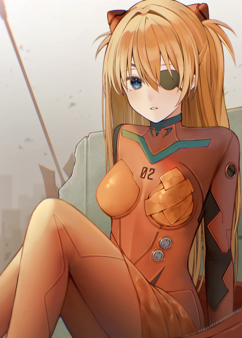 1girl arm_support blue_eyes breasts brown_hair eyepatch highres interface_headset looking_at_viewer medium_breasts neon_genesis_evangelion nerua parted_lips plugsuit rebuild_of_evangelion solo souryuu_asuka_langley thighs two_side_up