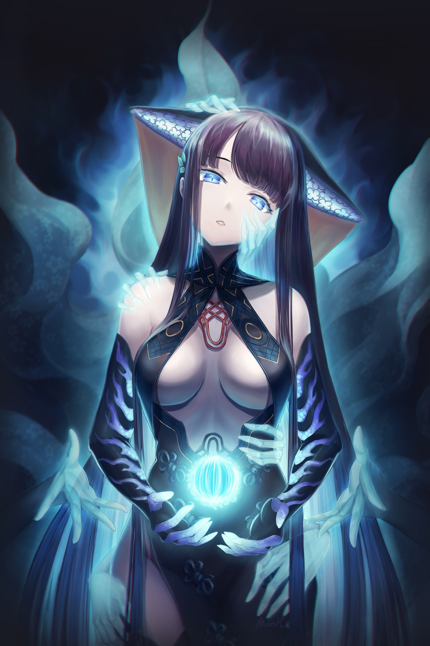 1girl arm_support armpits aura bangs bare_shoulders black_dress black_eyes black_gloves black_hair black_headwear black_legwear blue_eyes blunt_bangs breasts breasts_apart center_opening cowboy_shot cupping_hands dress elbow_gloves extra_arms fate/grand_order fate_(series) fingerless_gloves gloves glowing hair_ornament halter_dress halterneck hand_on_another's_head hand_on_another's_shoulder hand_on_another's_thigh hand_on_own_cheek hand_on_own_face head_tilt headgear highres large_breasts long_hair looking_at_viewer orb purple_hair side_slit sleeveless sleeveless_dress solo_focus straight_hair thigh-highs tiger_stripes transparent ulquiorra0 very_long_hair yang_guifei_(fate)