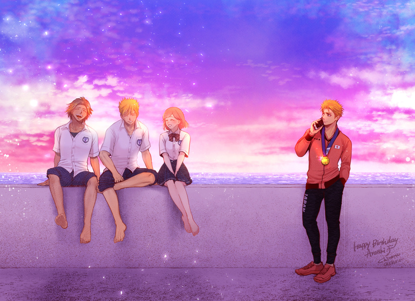 1boy bare_legs barefoot black_pants blonde_hair bob_cut bow bowtie brown_hair character_name chiroru collared_shirt dated dress_shirt english_text facing_viewer fujiyama_arashi gradient_sky habataki_academy_uniform hand_in_pocket happy_birthday highres holding holding_phone horizon jacket japanese_flag light_particles long_sleeves looking_to_the_side medal memory miniskirt niina_junpei ocean older orange_hair pants pants_rolled_up phone pleated_skirt protagonist_(tokimemo_gs3) red_bow red_bowtie red_footwear red_jacket school_uniform shirt shoes short_hair short_sleeves sitting skirt sky smile spiky_hair standing talking_on_phone tokimeki_memorial tokimeki_memorial_girl's_side_3rd_story white_shirt