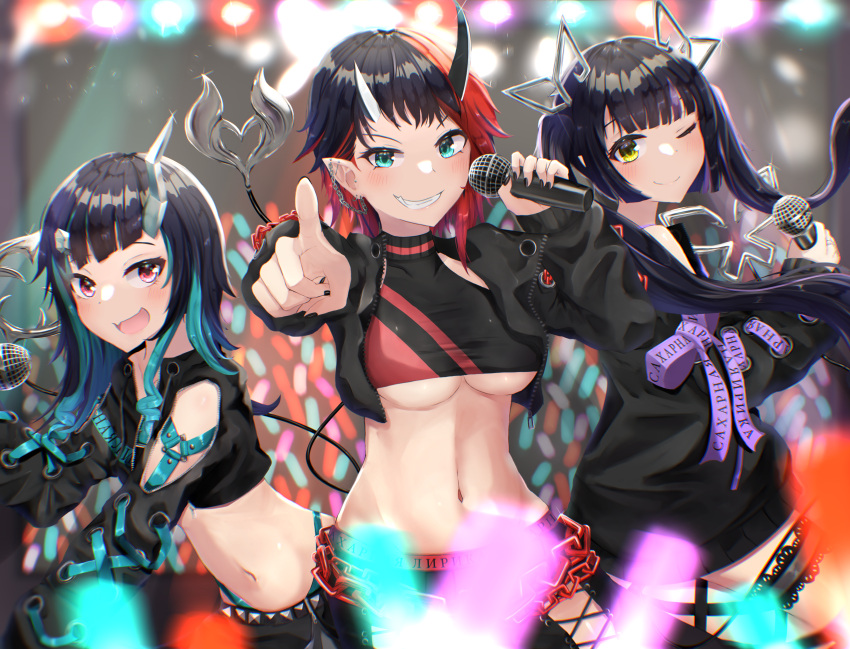 3girls absurdres akagane_mic bangs belt black_hair black_jacket black_nails black_skirt blue_belt blue_eyes blue_hair breasts closed_mouth clothing_cutout commentary_request cowboy_shot crop_top cropped_jacket cross-laced_sleeves cyrillic demon_girl demon_horns ear_chain ear_piercing fang grin highres holding holding_microphone horns jacket kojo_anna large_breasts long_hair long_sleeves looking_at_viewer microphone midriff multicolored_hair multiple_girls nail_polish navel one_eye_closed open_clothes open_mouth piercing pointing pointing_at_viewer pointy_ears purple_hair red_eyes redhead ryugasaki_rene shishio_chris short_hair shoulder_cutout skin_fang skirt smile sugar_lyric tail twintails two-tone_hair under_boob virtual_youtuber yellow_eyes
