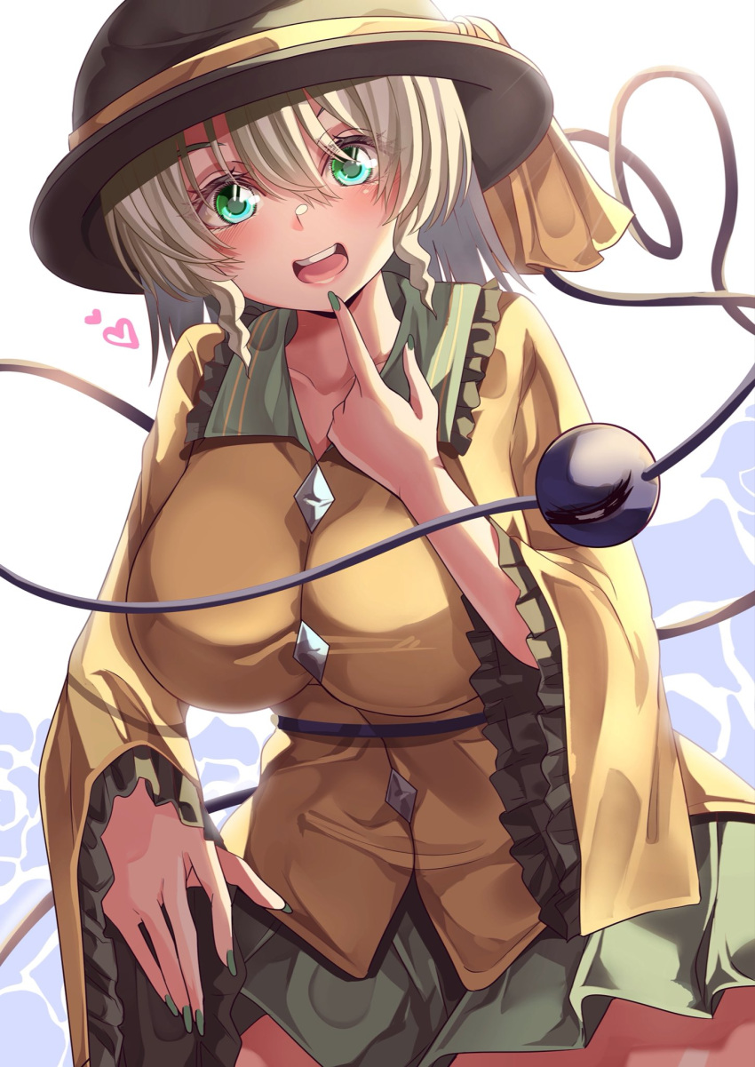 1girl :d bloom blush breasts contrapposto cowboy_shot eyebrows_behind_hair finger_to_own_chin green_eyes green_hair green_nails hair_between_eyes hat heart heart_of_string highres komeiji_koishi large_breasts looking_at_viewer maboroshi_mochi nail_polish smile solo thick_thighs thighs third_eye touhou