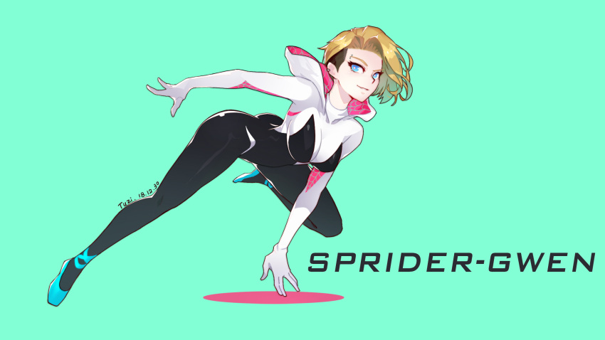 1girl aqua_background artist_name black_bodysuit blonde_hair blue_eyes bodysuit character_name closed_mouth dated highres hooded_bodysuit looking_at_viewer marvel midair multicolored_bodysuit multicolored_clothes pose short_hair simple_background smile solo spider-gwen spider-man:_into_the_spider-verse spider-man_(series) spider_web_print superhero unapril undercut white_bodysuit