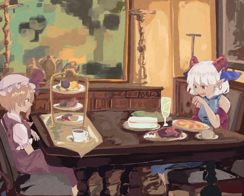 2girls absurdres bare_shoulders blonde_hair earrings feet_out_of_frame flandre_scarlet food hat highres horizontal_pupils horns indoors jewelry looking_at_another mob_cap multiple_girls open_mouth pointy_ears profile red_eyes short_hair table tiered_tray totopepe888 touhou toutetsu_yuuma white_hair