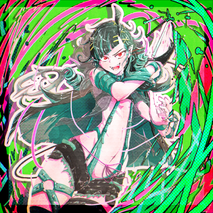 1girl adapted_costume bane_mk-2 bangs belt black_hair black_jacket black_legwear black_shorts blue_belt blue_hair commentary_request cowboy_shot cropped_jacket demon_girl demon_horns demon_tail flat_chest green_background highres holding holding_stylus horns jacket kneehighs long_hair looking_at_viewer midriff multicolored_background multicolored_hair navel open_mouth pointy_ears red_eyes shishio_chris shorts single_thighhigh smile solo stylus sugar_lyric tail thigh-highs two-tone_hair virtual_youtuber