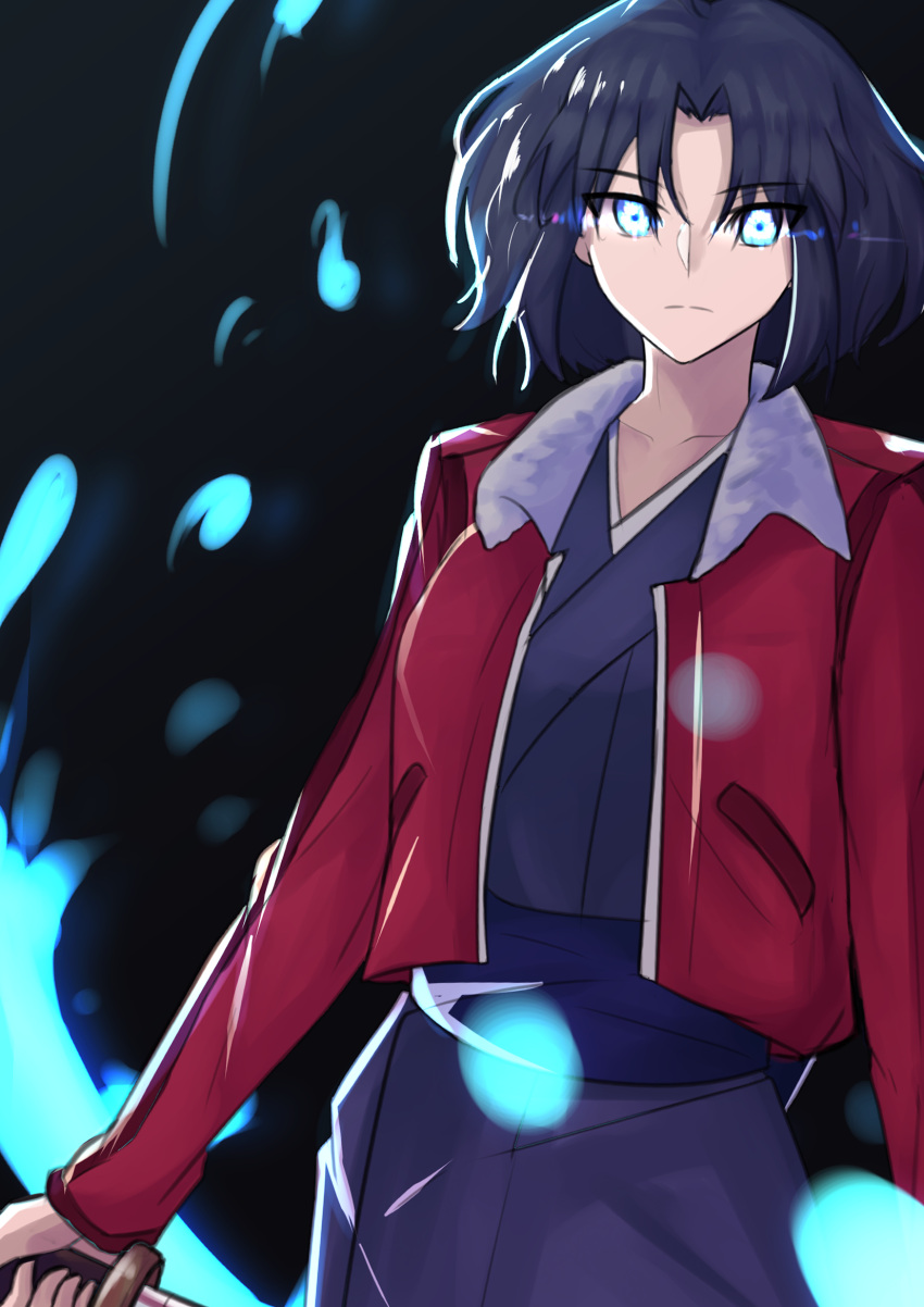 1girl black_hair blue_eyes code_nt cowboy_shot fur-trimmed_jacket fur_trim highres jacket japanese_clothes kara_no_kyoukai kimono knife looking_at_viewer multicolored_eyes mystic_eyes_of_death_perception obi red_jacket ryougi_shiki sash short_hair solo