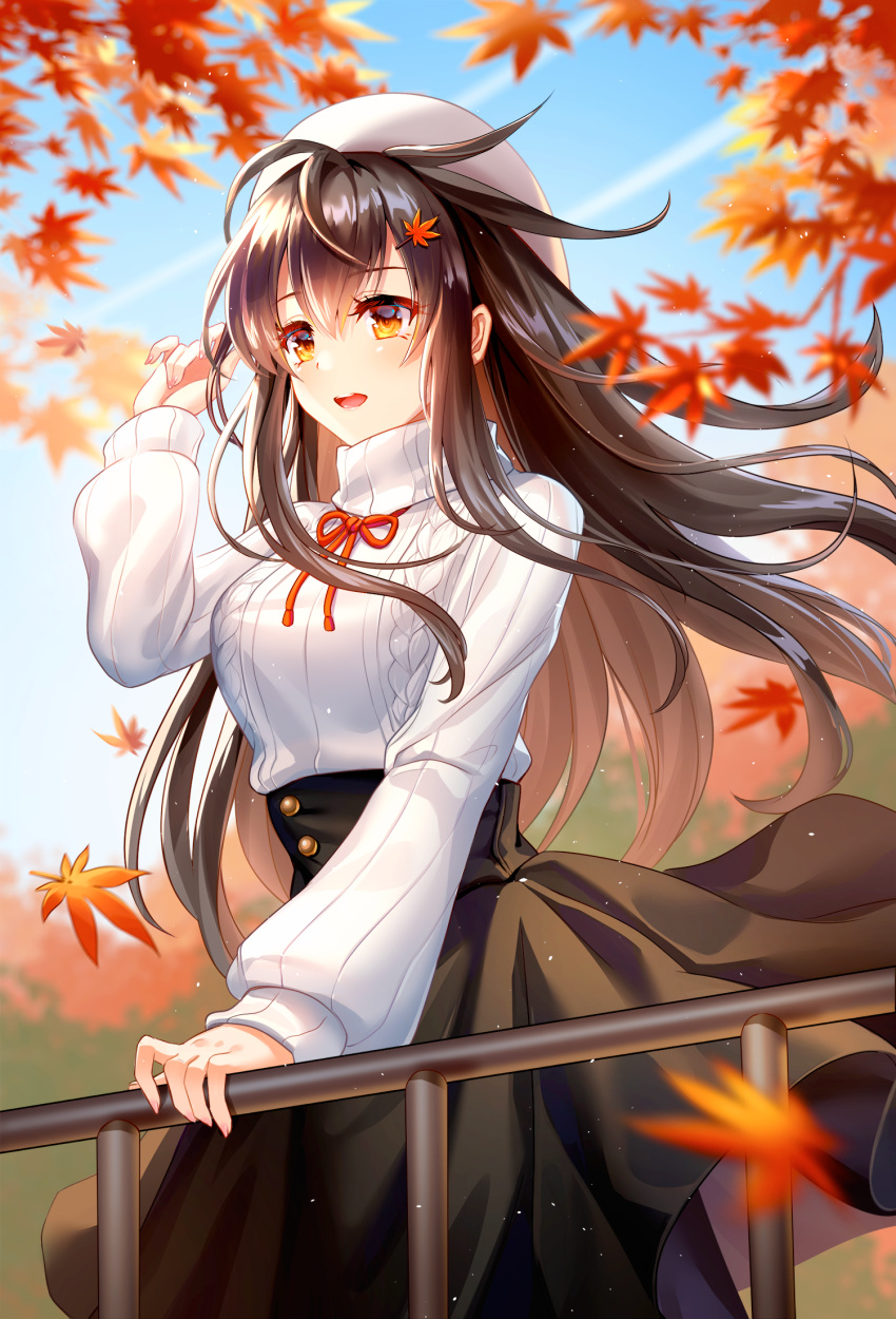 1girl autumn autumn_leaves beret black_skirt blurry blurry_background breasts brown_hair cable_knit day eyebrows_visible_through_hair hair_between_eyes hair_ornament hand_up hat high-waist_skirt highres lalazyt leaf leaf_hair_ornament long_hair long_skirt long_sleeves maple_leaf medium_breasts open_mouth original outdoors pantyhose railing ribbed_sweater skirt smile solo sweater turtleneck turtleneck_sweater white_headwear white_sweater wind yellow_eyes