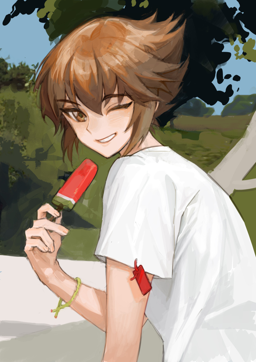 1boy absurdres bracelet brown_eyes brown_hair character_request commentary copyright_request day food highres holding holding_food jewelry looking_at_viewer male_focus one_eye_closed outdoors parted_lips popsicle saber_beam shirt short_hair short_sleeves smile solo t-shirt tree upper_body white_shirt