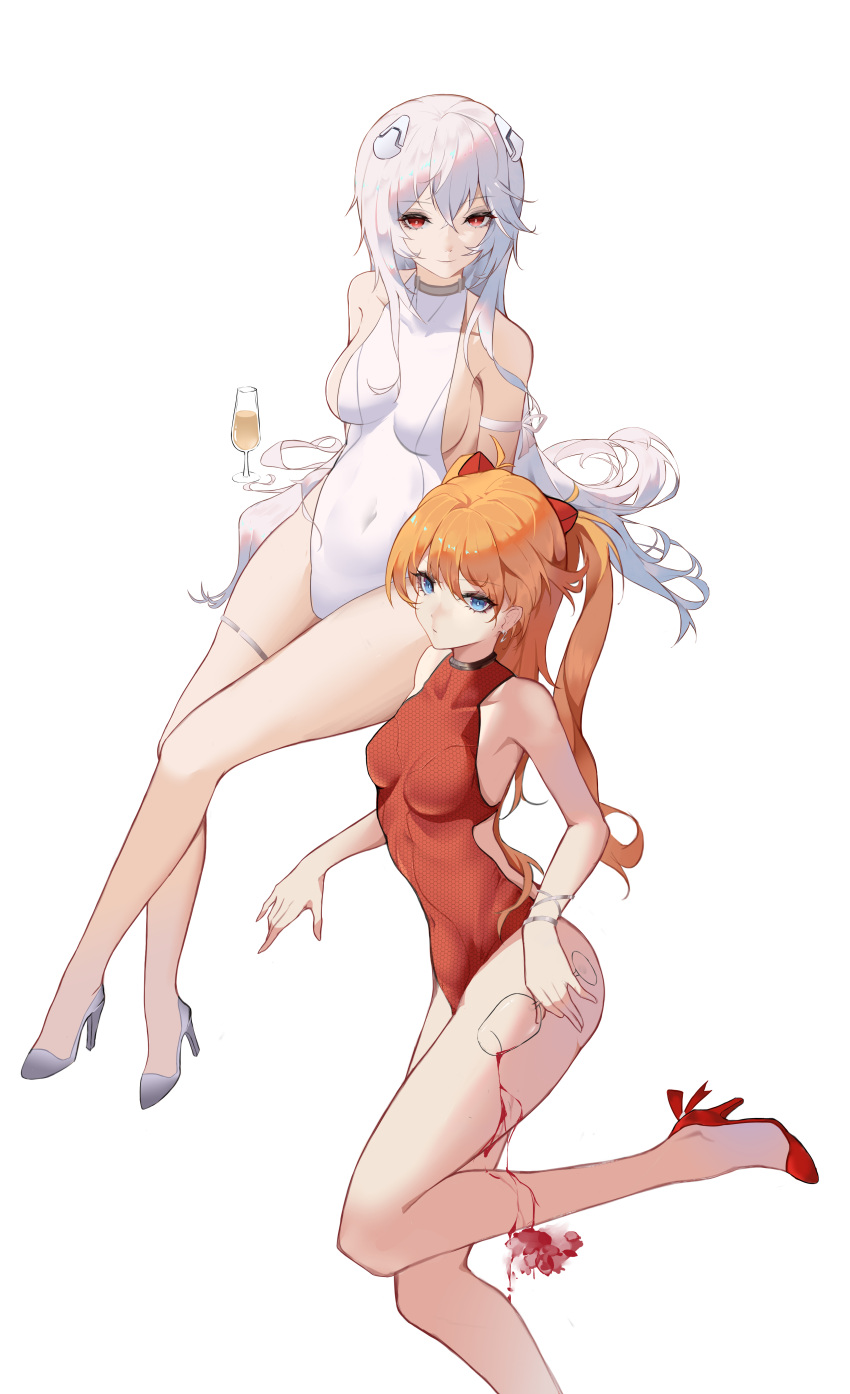 2girls absurdres adapted_costume alcohol ayanami_rei bangs blue_eyes breasts covered_navel crossed_bangs crossed_legs cup drinking_glass earrings evangelion:_3.0+1.0_thrice_upon_a_time feet_out_of_frame grey_footwear halterneck high_heels highres holding holding_cup honeycomb_(pattern) interface_headset invisible_chair jewelry lic_628 long_hair looking_at_viewer multiple_girls neon_genesis_evangelion one-piece_swimsuit pouring rebuild_of_evangelion red_eyes red_footwear red_ribbon red_swimsuit ribbon sideboob simple_background sitting souryuu_asuka_langley stiletto_heels swimsuit thigh_strap two_side_up very_long_hair wet white_background white_hair white_swimsuit wine wine_glass