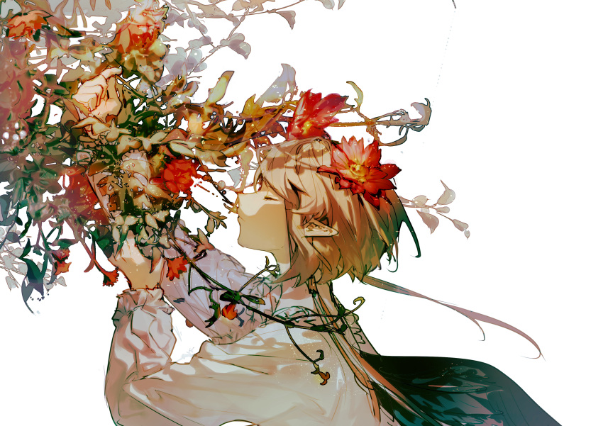 1girl absurdres brown_hair bush closed_eyes closed_mouth commentary flower from_side highres leaf lobelia_(saclia) long_sleeves original pointy_ears red_flower shirt short_hair solo upper_body white_shirt