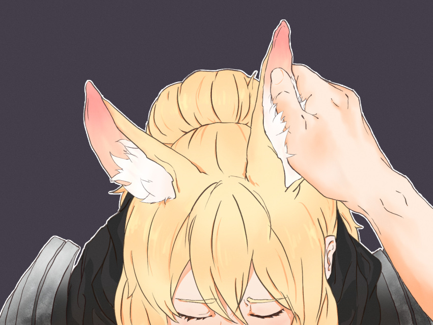 1girl animal_ear_fluff animal_ears arknights bangs blonde_hair closed_eyes commentary_request eyebrows_visible_through_hair hand_on_another's_head highres horse_ears nearl_(arknights) reindkk simple_background