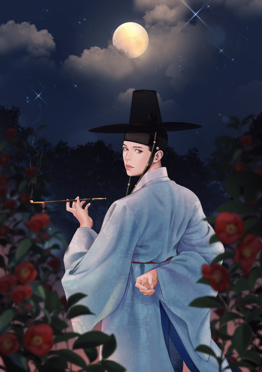 1boy absurdres arm_behind_back back black_hair black_headwear blue_robe blurry camellia cken_chi depth_of_field flower from_behind full_moon gat_(korean_traditional_hat) hair_pulled_back hanbok headband highres holding korean_clothes korean_commentary lips looking_at_viewer looking_back male_focus moon night nose original outdoors parted_lips pipe realistic robe short_hair sky smoke smoking solo sparkle standing star_(sky) starry_sky thick_lips topknot wide_sleeves