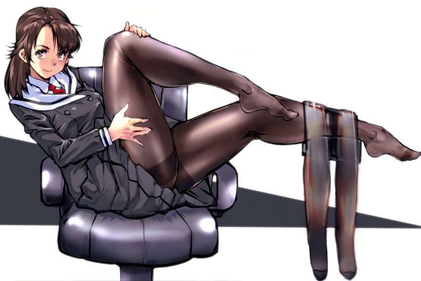 1girl black_legwear breasts brown_eyes brown_hair chair commentary_request full_body grey_skirt hand_on_own_thigh kamisimo_90 knee_up medium_breasts necktie original pantyhose pleated_skirt red_necktie shirt simple_background sitting skirt smile thighband_pantyhose underwear white_shirt