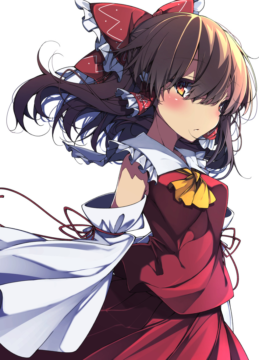 1girl ascot bangs bow brown_hair closed_mouth detached_sleeves eyebrows_visible_through_hair from_side hair_bow hair_tubes hakurei_reimu highres looking_at_viewer medium_hair nontraditional_miko red_bow red_eyes red_shirt shirt simple_background solo standing tangusuten touhou white_background wide_sleeves yellow_neckwear