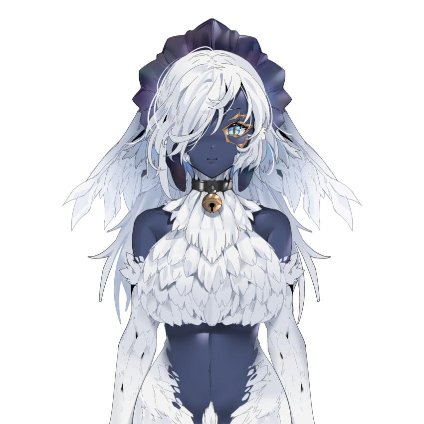 1girl animal_ears aqua_eyes bangs bare_shoulders barefoot bell black_skin blue_skin breasts character_request collar colored_skin commentary_request copyright_request facepaint feathers hair_over_one_eye head_wings headdress highres jingle_bell large_breasts long_hair looking_at_viewer monster_girl navel neck_bell nude one_eye_covered simple_background slit_pupils solo straight-on upper_body white_background white_hair zhu_fun