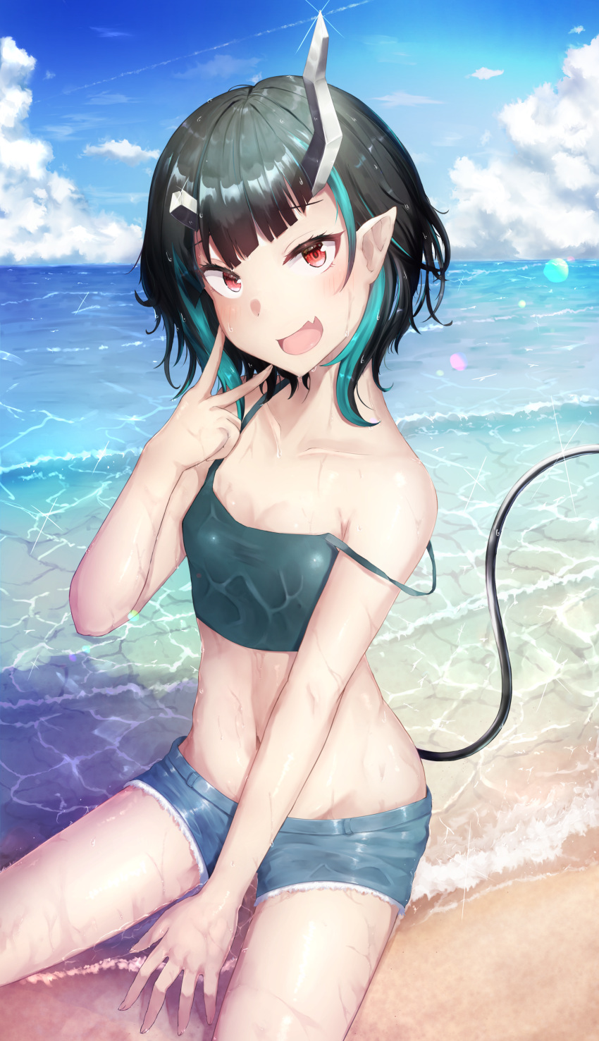 1girl absurdres akagane_mic alternate_costume alternate_hair_length alternate_hairstyle bangs beach black_camisole black_hair blue_hair blue_shorts blue_sky blush breasts camisole clouds commentary_request cowboy_shot crop_top day demon_girl demon_horns demon_tail fang glint head_tilt highres horizon horns lens_flare looking_at_viewer midriff multicolored_hair navel ocean open_mouth outdoors pointy_ears red_eyes revision sand shishio_chris short_hair short_shorts shorts sitting skin_fang sky small_breasts smile solo strap_slip sugar_lyric tail two-tone_hair v virtual_youtuber wet
