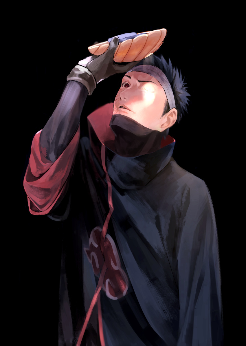 1boy akatsuki_(naruto) akatsuki_uniform bandaged_head bandages black_gloves black_hair commentary_request gloves high_collar highres holding holding_mask male_focus mask mask_removed naruto_(series) naruto_shippuuden one_eye_closed red_eyes scar scar_on_face sharingan solo spiky_hair uchiha_obito wide_sleeves zifletts