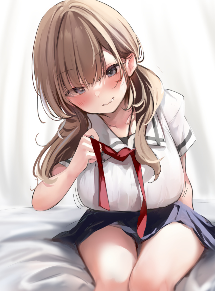 1girl blue_eyes blue_skirt blush breasts brown_hair commentary_request eyebrows_visible_through_hair highres large_breasts long_hair looking_at_viewer nekomugiharu original red_neckwear school_uniform shirt short_sleeves sitting skirt smile solo thighs white_shirt