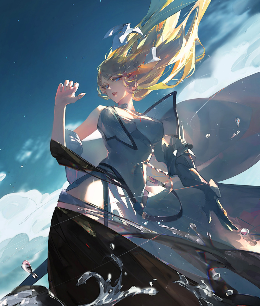 1girl aenrs armor armored_dress bangs blonde_hair blue_eyes breasts chinese_commentary commentary dress fate/apocrypha fate/grand_order fate_(series) gauntlets hand_up headpiece headpiece_removed highres jeanne_d'arc_(fate) jeanne_d'arc_(fate/apocrypha) large_breasts long_hair looking_away parted_lips sky solo standing swept_bangs teeth very_long_hair water white_dress