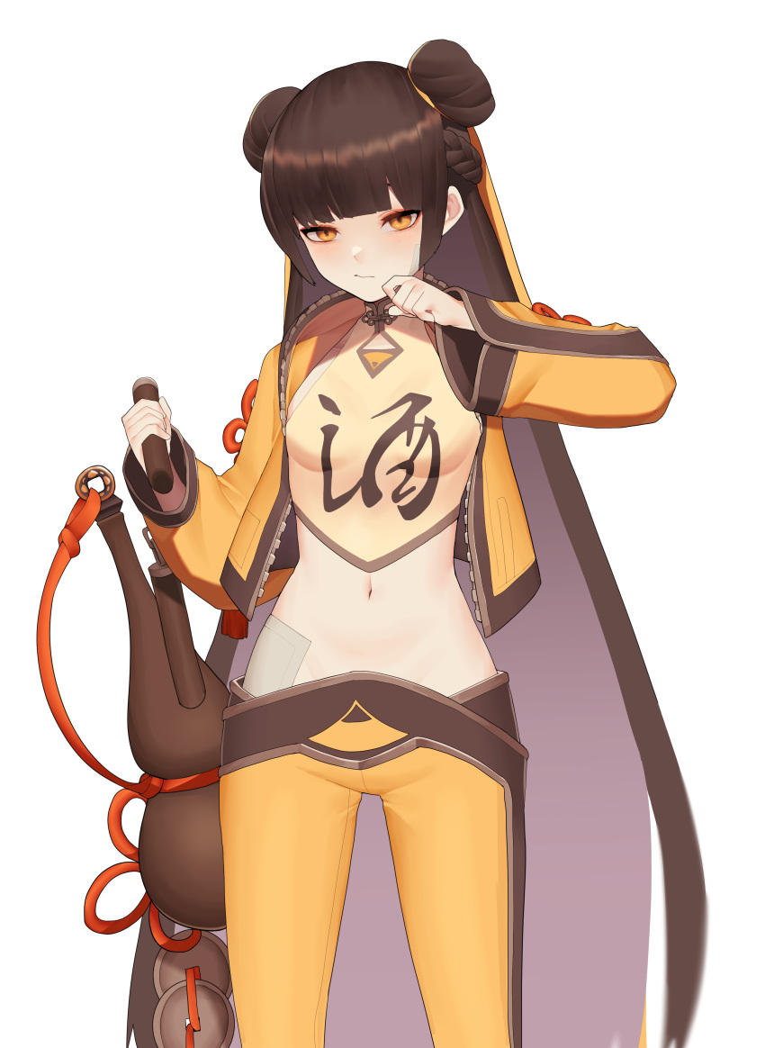 1girl 3: absurdres arm_up black_survival bobby36446329 breasts brown_hair chinese_clothes closed_mouth crop_top double_bun dudou expressionless highres holding jacket li_dailin long_hair long_sleeves looking_at_viewer midriff navel nunchaku open_clothes open_jacket orange_eyes pants revealing_clothes shirt simple_background sleeveless sleeveless_shirt small_breasts solo standing stomach very_long_hair weapon white_background yellow_jacket yellow_pants yellow_shirt