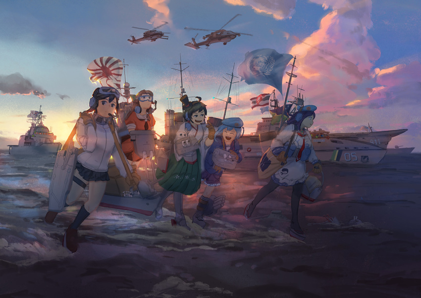 aircraft beret black_hair blue_dress dress flag hat hayasui_(kancolle) helicopter japanese_flag jintsuu_(kancolle) kantai_collection matsukaze_(kancolle) medium_hair microphone minazuki_(kancolle) neckerchief ocean orange_dress rigging ship short_hair skirt taigei_(kancolle) united_nations watercraft white_dress ye_fan