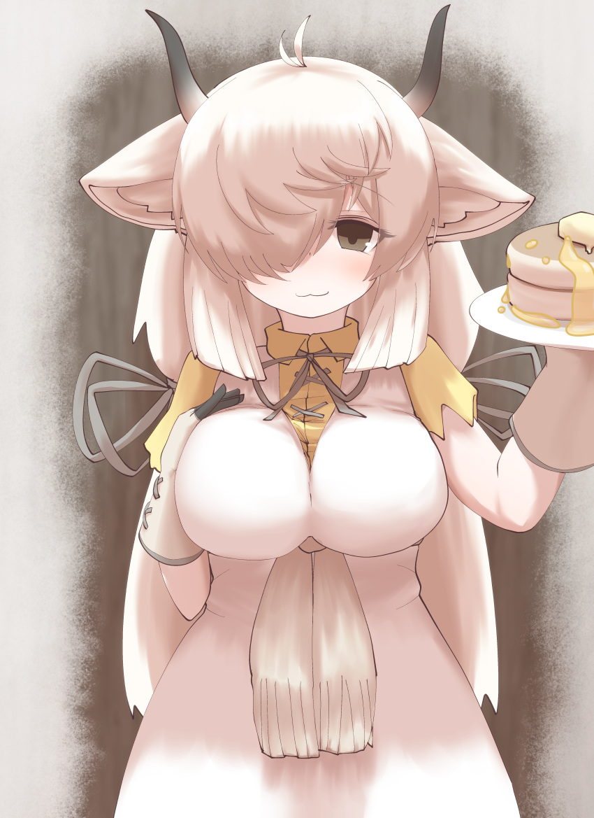 1girl :3 absurdres animal_ears blush breasts closed_mouth eyebrows_visible_through_hair food gloves grey_eyes hair_over_one_eye hand_on_own_chest highres holding holding_plate horns karekusa_meronu kemono_friends large_breasts long_hair looking_at_viewer pancake plate smile solo white_hair yak_(kemono_friends)