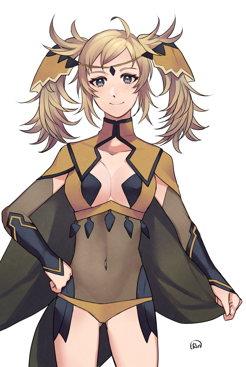 1girl absurdres ahoge alternate_hairstyle ass_visible_through_thighs bangs blonde_hair bodystocking breasts bridal_gauntlets cape closed_mouth covered_navel fire_emblem fire_emblem_heroes gold_panties grey_eyes highres holding holding_cape holding_clothes looking_at_viewer medium_breasts ophelia_(fire_emblem) runteya solo thighs turtleneck twintails upper_body