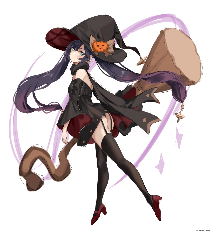 1girl absurdres arisato_yui bangs black_dress black_headwear black_legwear black_panties black_sleeves blue_eyes blush bow brown_bow detached_sleeves dress earrings floating_hair from_side full_body garter_straps genshin_impact hair_between_eyes hat hat_bow highres holding holding_staff jewelry long_hair long_sleeves mona_(genshin_impact) panties pumpkin_hat_ornament purple_hair red_footwear shiny shiny_hair short_dress simple_background sketch sleeveless sleeveless_dress solo staff standing strapless strapless_dress thigh-highs twintails twitter_username underwear very_long_hair white_background wide_sleeves witch_hat