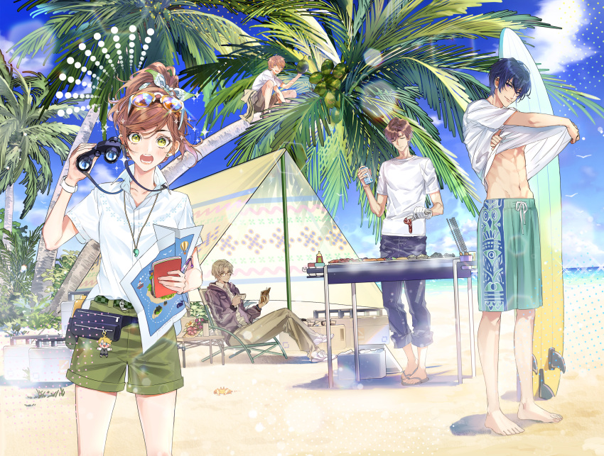 1girl 4boys absurdres artem_wing_(tears_of_themis) bangs barefoot beach beach_chair binoculars blue_pants blue_shirt blue_shorts blue_sky book brown_pants brown_shorts clouds cloudy_sky coconut coconut_tree crossed_legs earrings eyewear_on_head flip-flops full_body gloves green_eyes green_shorts grilling highres holding holding_binoculars holding_book holding_map jacket jewelry jing@fuhuo_(user_zsjp7353) long_sleeves luke_pearce_(tears_of_themis) map marius_von_hagen_(tears_of_themis) multiple_boys muscular muscular_male navel necklace outdoors palm_leaf palm_tree pants polo_shirt pouch purple_jacket rosa_(tears_of_themis) sandals shirt shoes short_hair short_sleeves shorts single_glove sitting sky sneakers standing sunglasses surfboard tears_of_themis tent toes tree vyn_richter_(tears_of_themis) whistle whistle_around_neck white_footwear white_gloves white_shirt