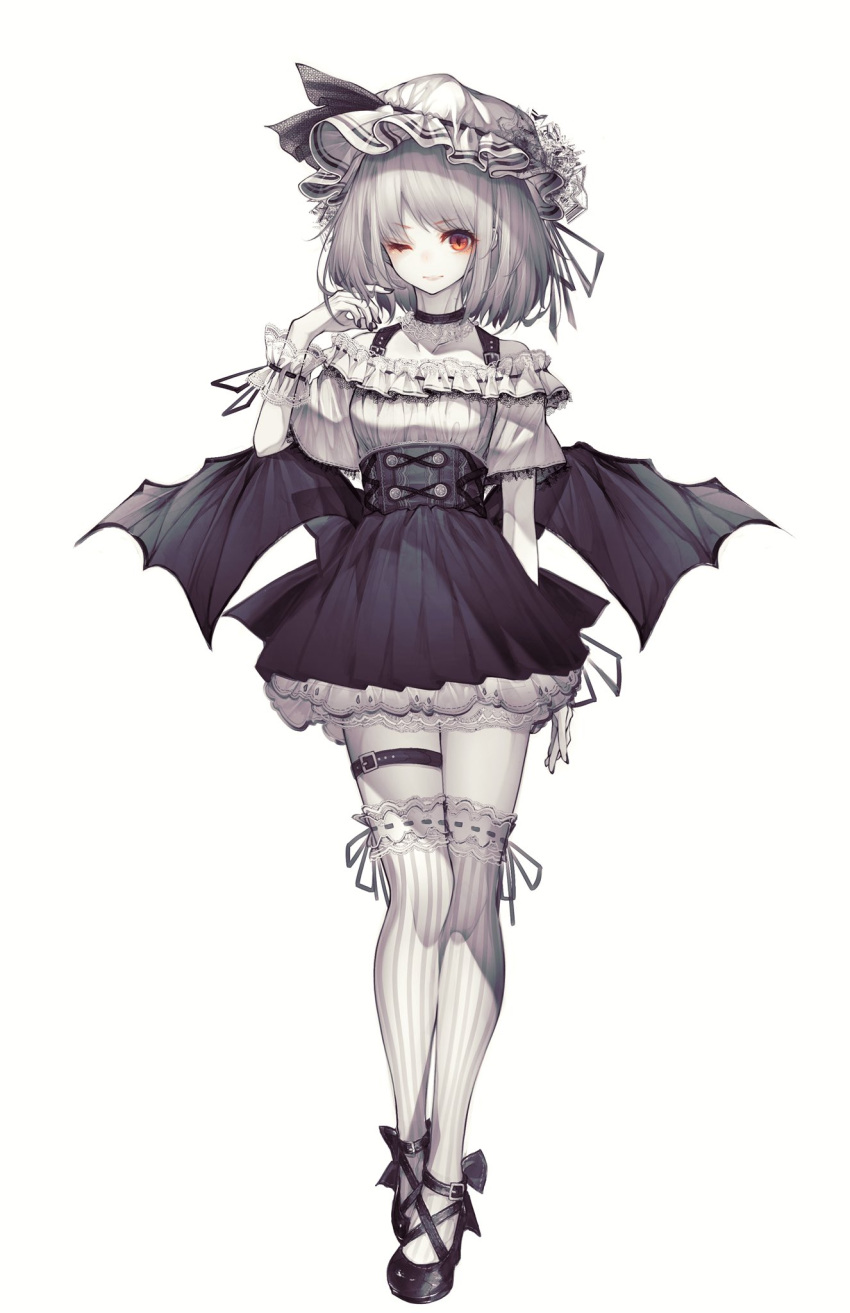 1girl alternate_costume bangs bat_wings black_choker black_footwear choker commentary_request cross-laced_footwear eyebrows_visible_through_hair frilled_shirt frills full_body greyscale hand_up hat hat_ribbon high-waist_skirt highres hito_komoru light_particles miniskirt mob_cap monochrome nail_polish off-shoulder_shirt off_shoulder one_eye_closed petticoat pleated_skirt red_eyes remilia_scarlet ribbon ribbon_trim shirt shoes short_hair short_sleeves silver_hair simple_background skirt solo standing striped striped_legwear thigh-highs thigh_strap thighs touhou vertical-striped_legwear vertical_stripes white_background white_headwear white_legwear white_shirt wings wrist_cuffs zettai_ryouiki
