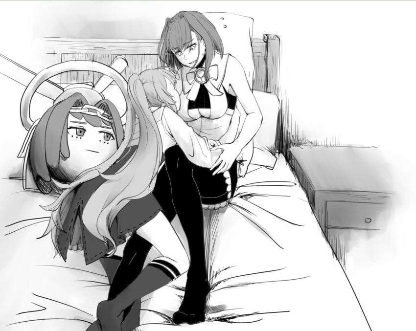 2girls bangs black_legwear breasts chinese_commentary commentary_request flying_sweatdrops greyscale highres hololive hololive_english hug long_hair long_sleeves looking_at_another medium_hair monochrome multiple_girls nanashi_mumei on_bed ouro_kronii pantyhose pillow ponytail sitting sleeveless starfuck under_boob very_long_hair virtual_youtuber yukkuri_shiteitte_ne yuri