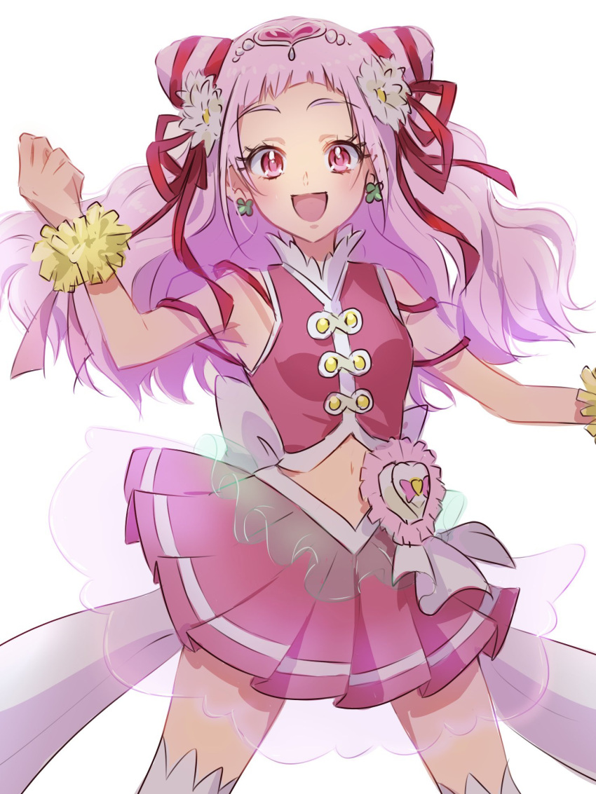 1girl :d bangs commentary_request cure_yell earrings eyelashes fpminnie1 hair_ornament hair_ribbon happy highres hugtto!_precure jewelry long_hair looking_at_viewer magical_girl midriff nono_hana open_mouth pink_eyes pink_hair pink_skirt precure ribbon simple_background sketch skirt smile solo standing thigh-highs white_background wrist_cuffs