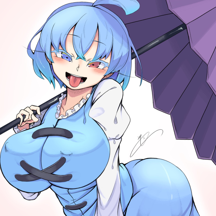 1girl bangs blue_eyes blue_hair breasts eyebrows_visible_through_hair hair_between_eyes heterochromia highres kaitojaja19980520 large_breasts long_sleeves looking_at_viewer open_mouth red_eyes shirt short_hair simple_background smile solo standing tatara_kogasa touhou umbrella white_background white_shirt