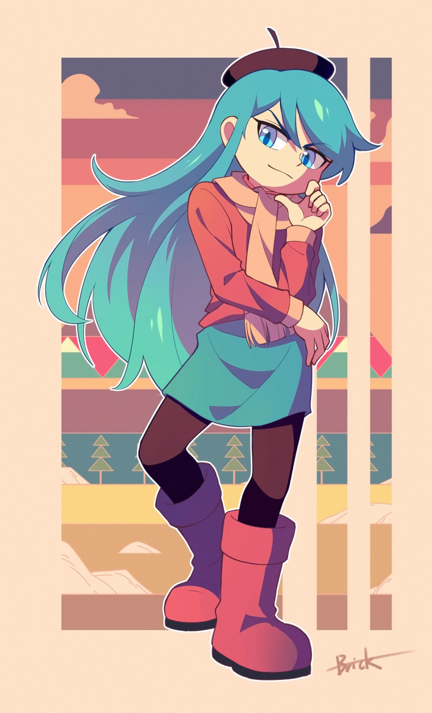 1girl absurdres bangs beret black_headwear black_legwear blue_eyes blue_hair blue_skirt boots bzzt_gcxll closed_mouth full_body hand_on_hip hand_on_own_chin hat highres hilda_(hilda) hilda_(series) jojo_pose long_hair looking_down pantyhose patterned_background pose pullover red_footwear red_pullover scarf signature skirt smile smug solo v-shaped_eyebrows yellow_scarf