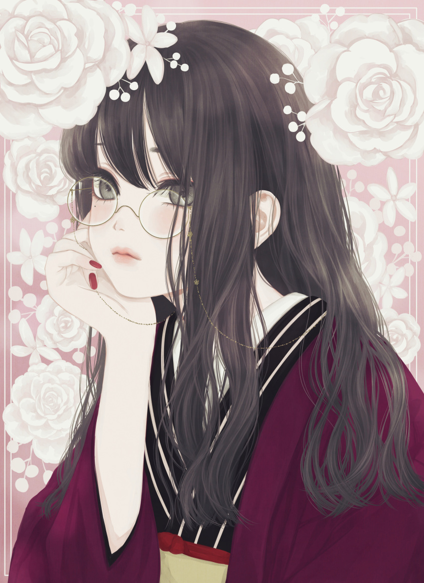 1girl absurdres bangs brown_eyes brown_hair closed_mouth commentary eyewear_chain floral_background flower glasses head_rest highres japanese_clothes kimono long_hair long_sleeves looking_at_viewer medibang_paint_(medium) nail_polish obi obiage original pink_background purple_kimono red_nails rose round_eyewear sash solo upper_body ushiyama_ame white_flower white_rose wide_sleeves yellow-framed_eyewear