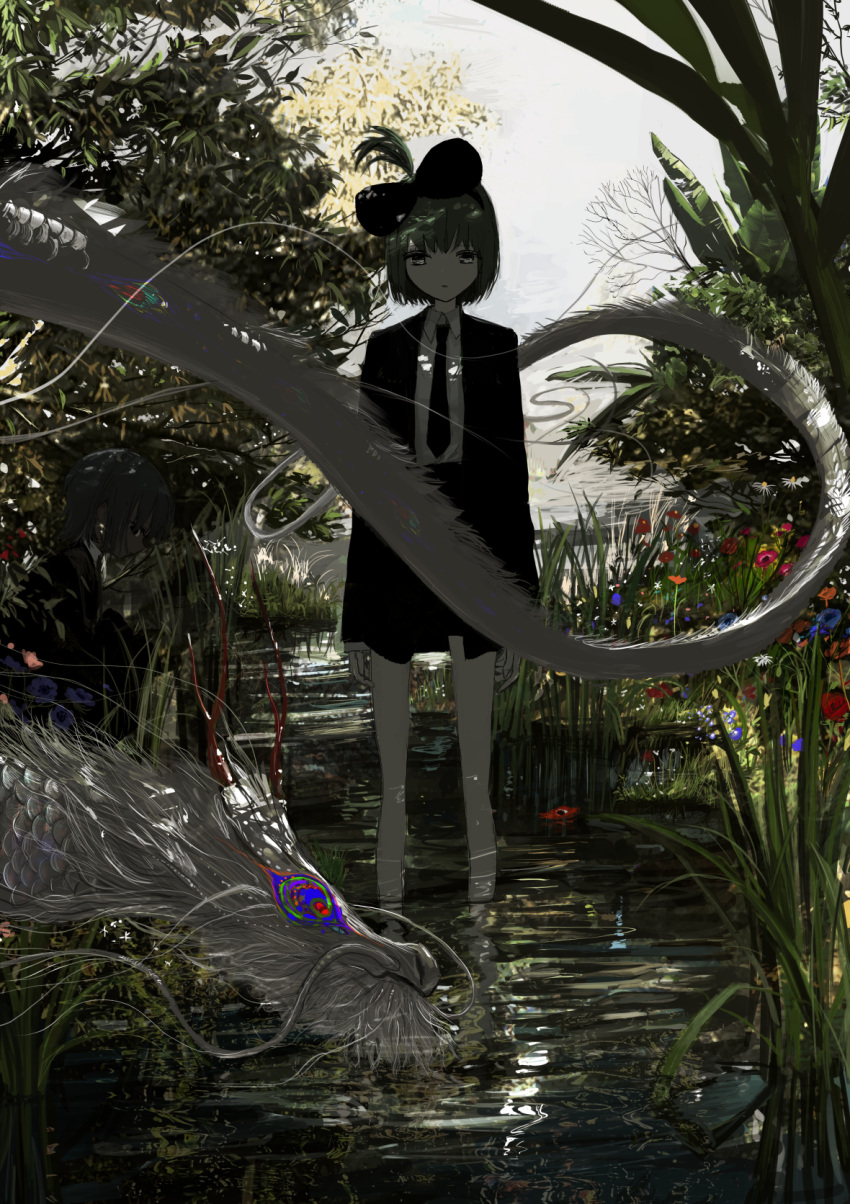1girl bangs black_bow black_eyes black_necktie black_skirt black_suit bow branch collared_shirt commentary dragon earrings eastern_dragon eyebrows_visible_through_hair flower formal grass green_eyes green_hair grey_hair hair_bow highres jewelry looking_at_viewer medium_hair narue necktie no_nose original parted_lips scenery shirt skirt skirt_suit solo_focus standing suit water white_shirt