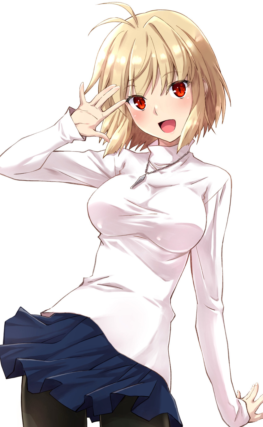 1girl antenna_hair arcueid_brunestud bangs black_legwear blonde_hair blue_skirt blush breasts commentary_request cowboy_shot hand_up highres izumi_mahiru jewelry large_breasts looking_at_viewer necklace open_mouth red_eyes shirt short_hair simple_background skirt sleeves_past_wrists slit_pupils smile solo tsukihime turtleneck white_background white_shirt