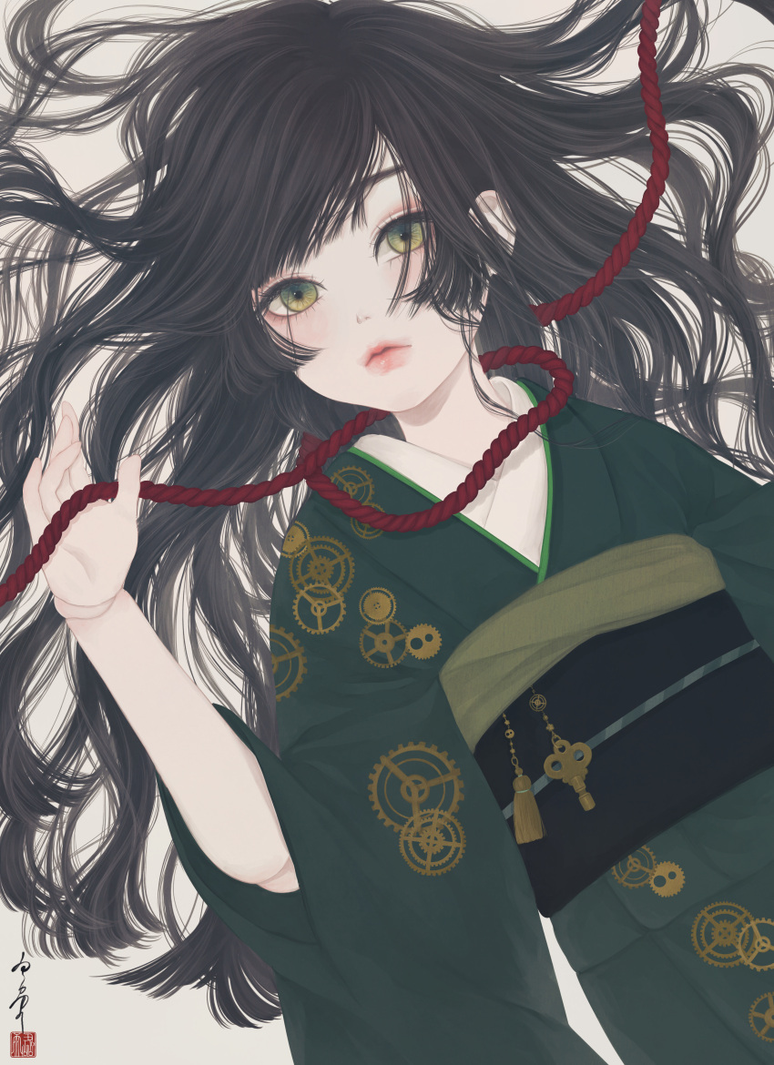 1girl absurdres bangs black_hair closed_mouth commentary_request doll doll_joints gear_print gears green_eyes green_kimono hair_spread_out hand_up highres holding holding_rope japanese_clothes joints key kimono long_hair looking_at_viewer lying medibang_paint_(medium) obi obiage obijime on_back original rope rope_around_neck sash seal_impression sidelocks signature solo tassel upper_body ushiyama_ame white_background wide_sleeves