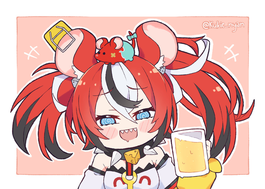 1girl :d @_@ animal_ears bare_shoulders beer_mug black_collar black_hair blush_stickers chibi collar commentary crop_top cup drunk english_commentary hakos_baelz hololive hololive_english kukie-nyan layered_sleeves looking_at_viewer mouse_ears mouse_girl mr._squeaks_(hakos_baelz) mug multicolored_hair open_mouth redhead smile solo spiked_collar spikes streaked_hair twintails twitter_username virtual_youtuber white_hair