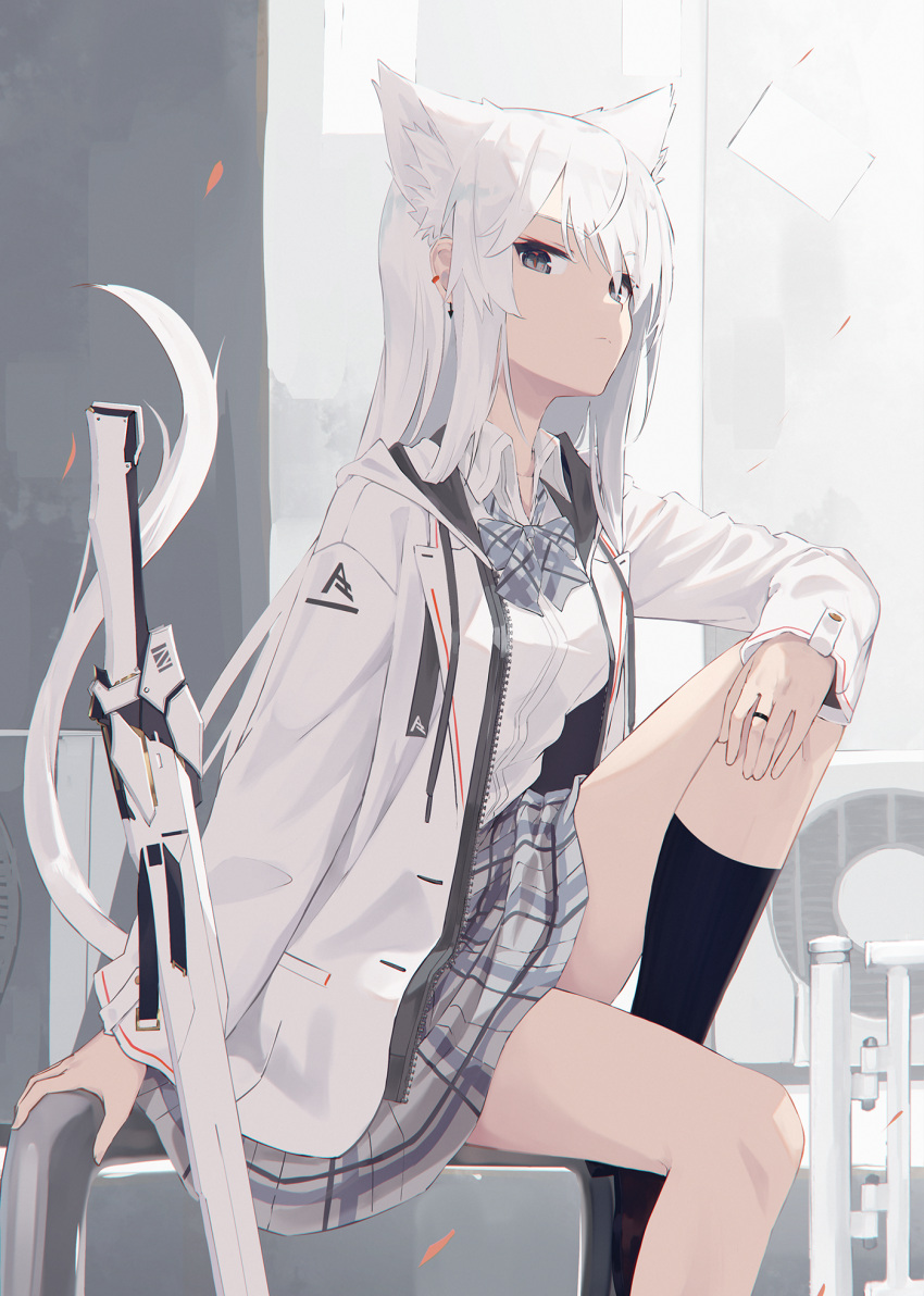 1girl animal_ear_fluff animal_ears black_legwear bow breasts cat_ears cat_girl cat_tail closed_mouth collared_shirt commentary_request dress_shirt earrings feet_out_of_frame grey_bow grey_eyes grey_skirt highres hood hood_down hooded_jacket jacket jewelry knee_up long_hair long_sleeves nagishiro_mito open_clothes open_jacket original plaid plaid_bow plaid_skirt railing ring shirt sitting sitting_on_railing skirt sleeves_past_wrists small_breasts socks solo sword tail very_long_hair weapon white_hair white_jacket white_shirt