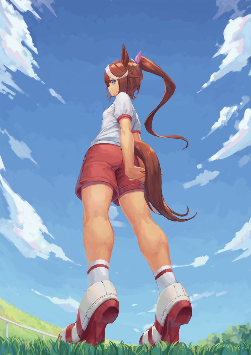 1girl animal_ears arms_behind_back blue_eyes blue_sky bow brown_hair clouds day from_below grass gym_uniform hair_bow high_ponytail highres holding_hands horse_ears horse_girl horse_tail interlocked_fingers long_hair looking_at_viewer looking_back multicolored_hair outdoors own_hands_together pink_bow ranma_(kamenrideroz) red_shorts shirt shoes shorts sky socks solo streaked_hair t-shirt tail tokai_teio_(umamusume) umamusume white_shirt