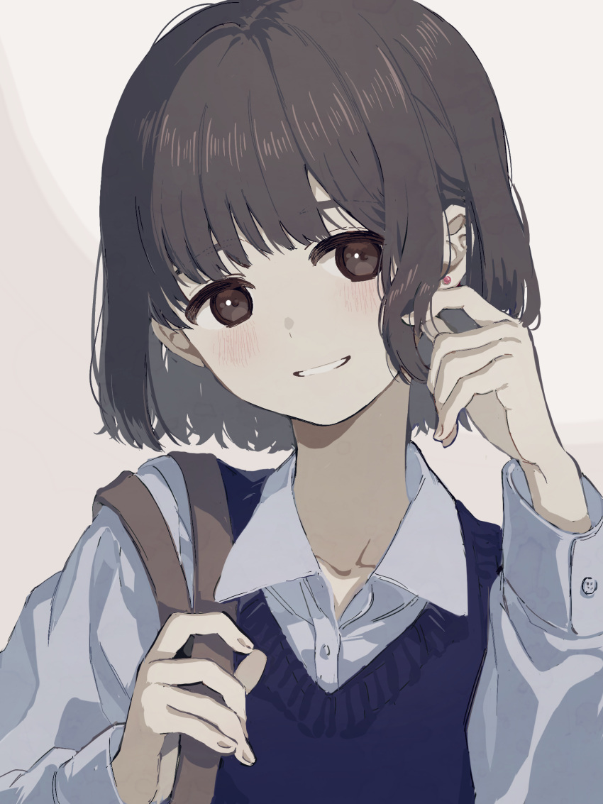 1girl blue_sweater_vest brown_eyes brown_hair collared_shirt commentary earrings grey_background hana_moto hand_in_hair hand_up highres jewelry long_sleeves looking_at_viewer original parted_lips school_uniform shirt short_hair shoulder_strap smile solo stud_earrings sweater_vest white_shirt