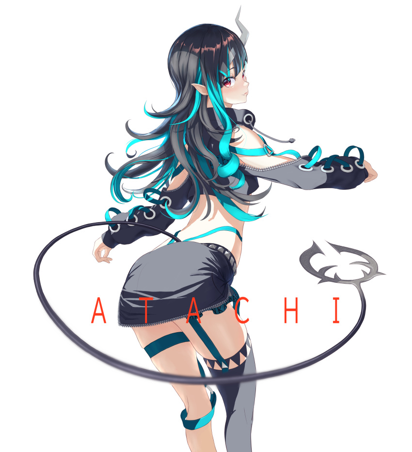 1girl absurdres bangs belt black_hair black_jacket black_legwear black_skirt blue_belt blue_hair botan_(oacdrykafjf3g3d) closed_mouth clothing_cutout commentary_request cropped_jacket cross-laced_sleeves demon_girl demon_horns demon_tail feet_out_of_frame garter_straps highres horns jacket long_hair long_sleeves looking_at_viewer looking_back multicolored_hair pointy_ears red_eyes shishio_chris shoulder_cutout simple_background single_thighhigh skirt solo sugar_lyric tail thigh-highs two-tone_hair virtual_youtuber white_background zipper_skirt