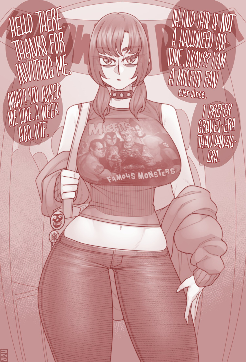 1girl bag bags_under_eyes bangs banner breasts collar ekz_(robotekz) english_text eyebrows eyebrows_visible_through_hair group_name halloween highres huge_breasts misfits navel off_shoulder original pants parted_bangs shirt solo tank_top thick_eyebrows