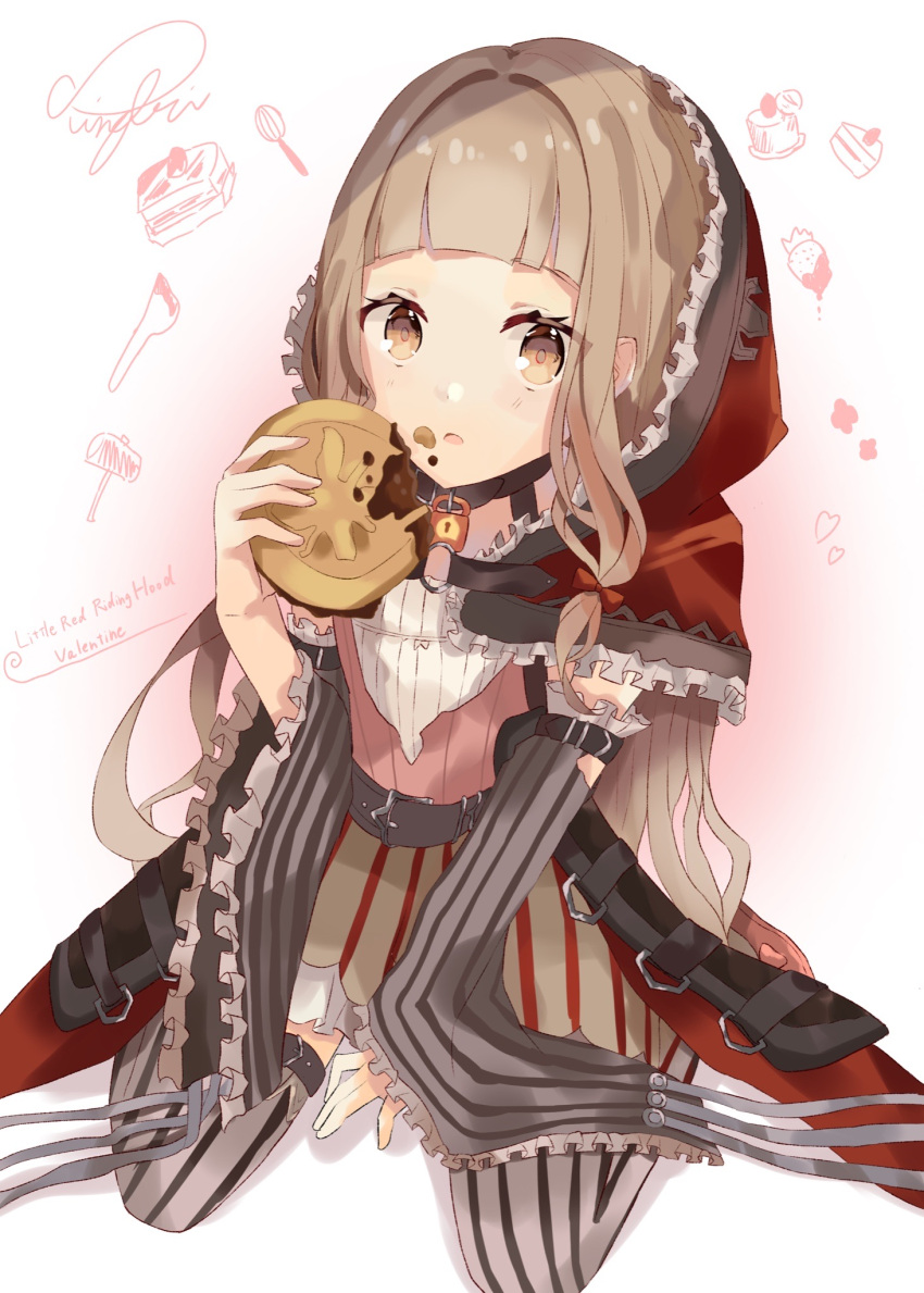 1girl :o artist_request bad_id bad_pixiv_id bangs blonde_hair character_name crepe food food_on_face highres holding holding_food long_hair long_sleeves looking_at_viewer open_mouth red_hood red_riding_hood_(sinoalice) simple_background sinoalice sitting smile solo striped striped_legwear thigh-highs wariza white_background yellow_eyes