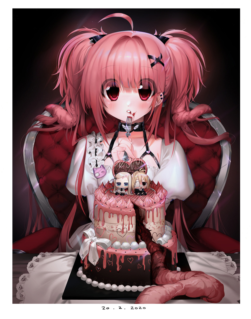 1other ahoge bad_id bad_twitter_id bangs black_background blunt_bangs bow cake chair chibi closed_mouth dress ear_piercing eyebrows_visible_through_hair eyepatch food guro hair_ornament hairclip helena_(unxi) highres intestine_hair juliet_sleeves lilith_(unxi) lilith_cat_(unxi) lolita_fashion long_sleeves looking_at_viewer original piercing pink_hair puffy_sleeves red_eyes sitting twintails two_side_up unxi veinte x_hair_ornament