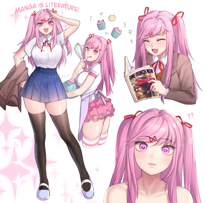 +++ 1girl :3 :d :q ? alternate_breast_size alternate_hair_length alternate_hairstyle alternate_height apron artist_name bangs black_legwear blue_skirt bowl breasts brown_jacket collarbone cropped_legs cupcake doki_doki_literature_club english_text eyebrows_visible_through_hair fang fang_out finger_to_mouth food grey_jacket hair_ornament hair_ribbon hairclip hand_on_hip hand_up highres holding holding_bowl holding_clothes holding_jacket jacket jacket_removed large_breasts laughing long_hair looking_at_viewer manga_(object) multiple_views natsuki_(doki_doki_literature_club) one-punch_man open_mouth pink_eyes pink_hair pink_skirt pleated_skirt potetos7 reading red_ribbon ribbon salute school_uniform shirt shoes short_sleeves sidelocks simple_background skirt smile source_quote sparkle star_(symbol) star_in_eye striped striped_legwear symbol_in_eye thigh-highs tongue tongue_out two_side_up uwabaki whisk white_background white_shirt zettai_ryouiki