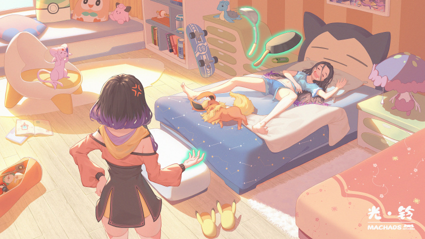 2girls absurdres anger_vein barefoot bed black_hair blue_shirt blue_shorts book chair character_doll clefairy commentary_request drooling espeon flareon frying_pan glowing highres indoors lapras long_hair machaos multicolored_hair multiple_girls navel on_bed open_mouth original poke_flute pokemon pokemon_(creature) rotom rotom_dex rowlet shiinotic shirt short_sleeves shorts skateboard slippers spread_legs teeth toes tongue upper_teeth wooden_floor