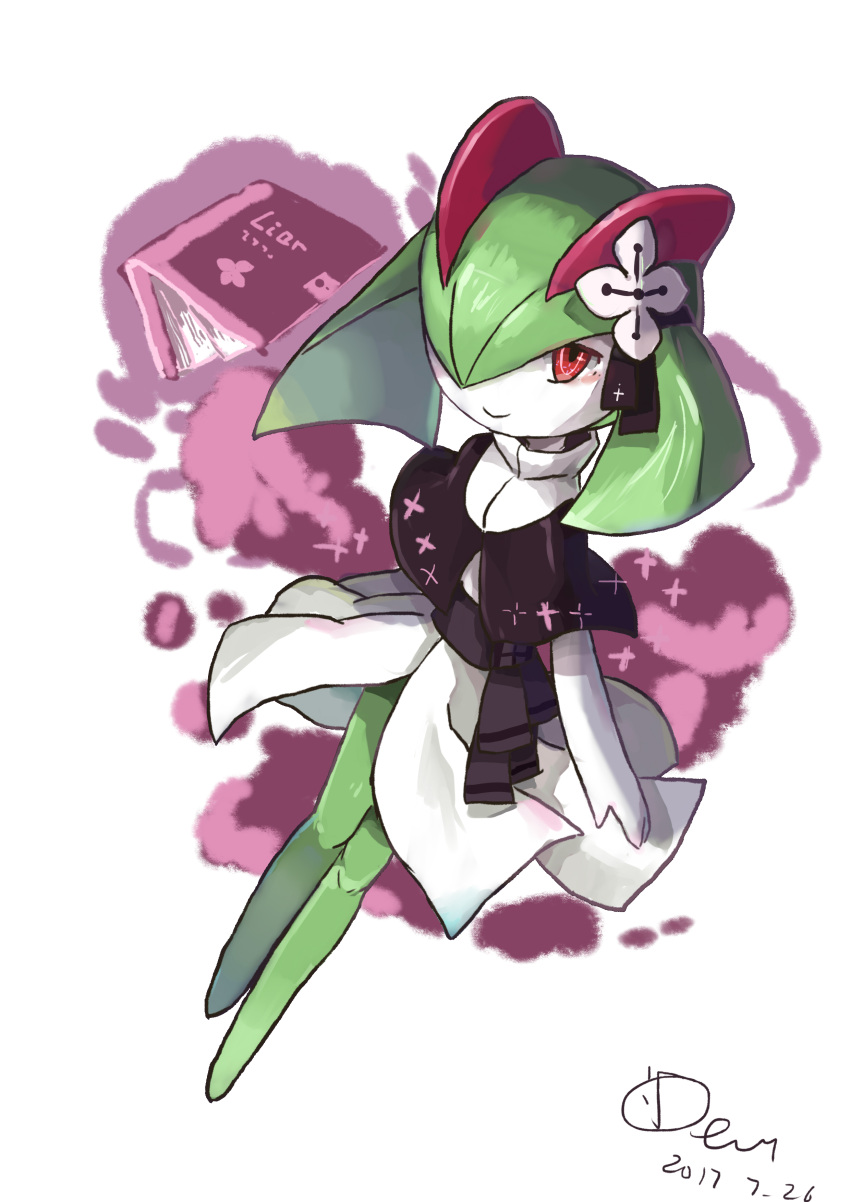 absurdres blush book capelet closed_mouth clothed_pokemon colored_skin commentary_request dated demon_king_fish green_hair highres kirlia legs_together pokemon pokemon_(creature) red_eyes sash signature smile solo white_skin