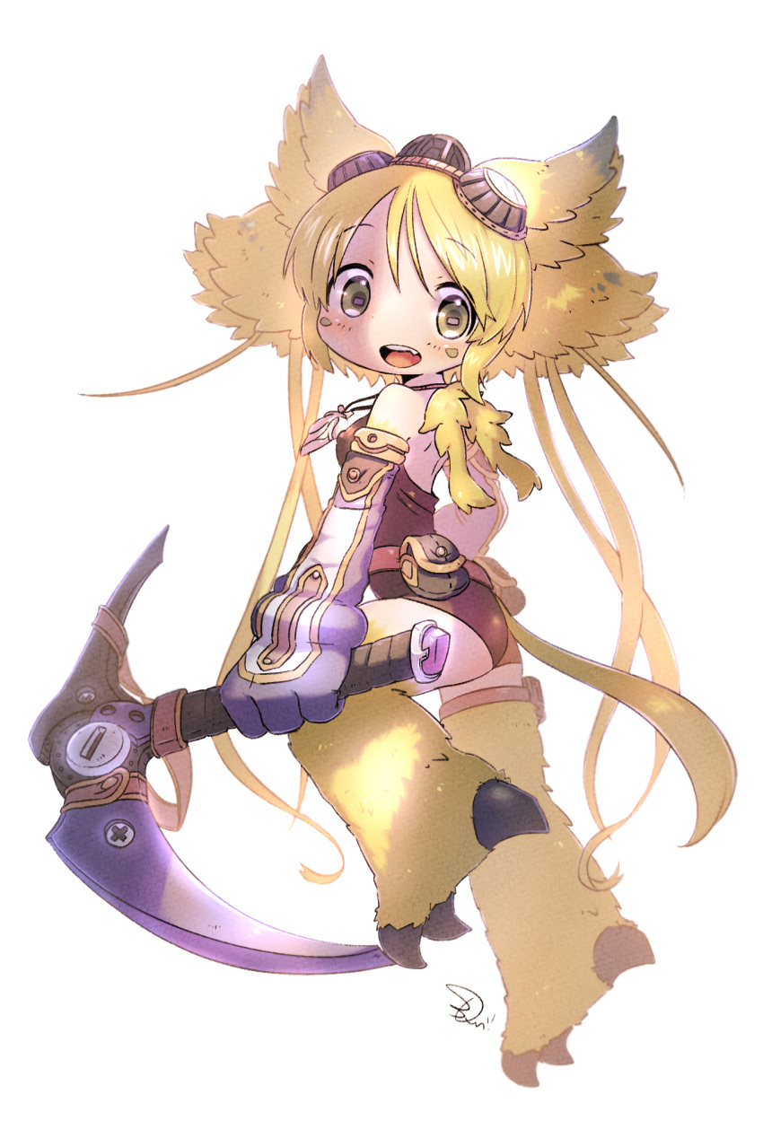 1girl :d animal_ears bandam bangs bare_shoulders belt_pouch blonde_hair blush brown_leotard elbow_gloves full_body furrification furry furry_female gloves goggles goggles_on_head green_eyes highres holding horizontal_pupils jewelry jumping leotard long_hair looking_at_viewer looking_to_the_side made_in_abyss necklace open_mouth pickaxe pouch purple_gloves riko_(made_in_abyss) short_hair_with_long_locks signature simple_background smile solo strapless strapless_leotard tail thigh_strap white_background yellow_eyes yellow_fur
